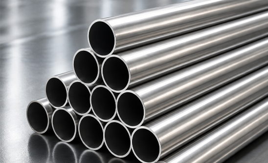 Stainless Steel 202 seamless and welded pipes stacked in an Indian supplier warehouse.