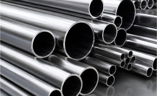 Stainless Steel 304 and 304L seamless and welded pipes stacked in an Indian supplier warehouse.