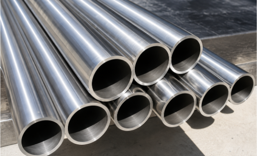 Stainless Steel 309 and 309S seamless and welded pipes stacked in an Indian supplier warehouse.