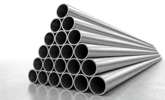 Stainless Steel 321 seamless and welded pipes stacked in an Indian supplier warehouse.