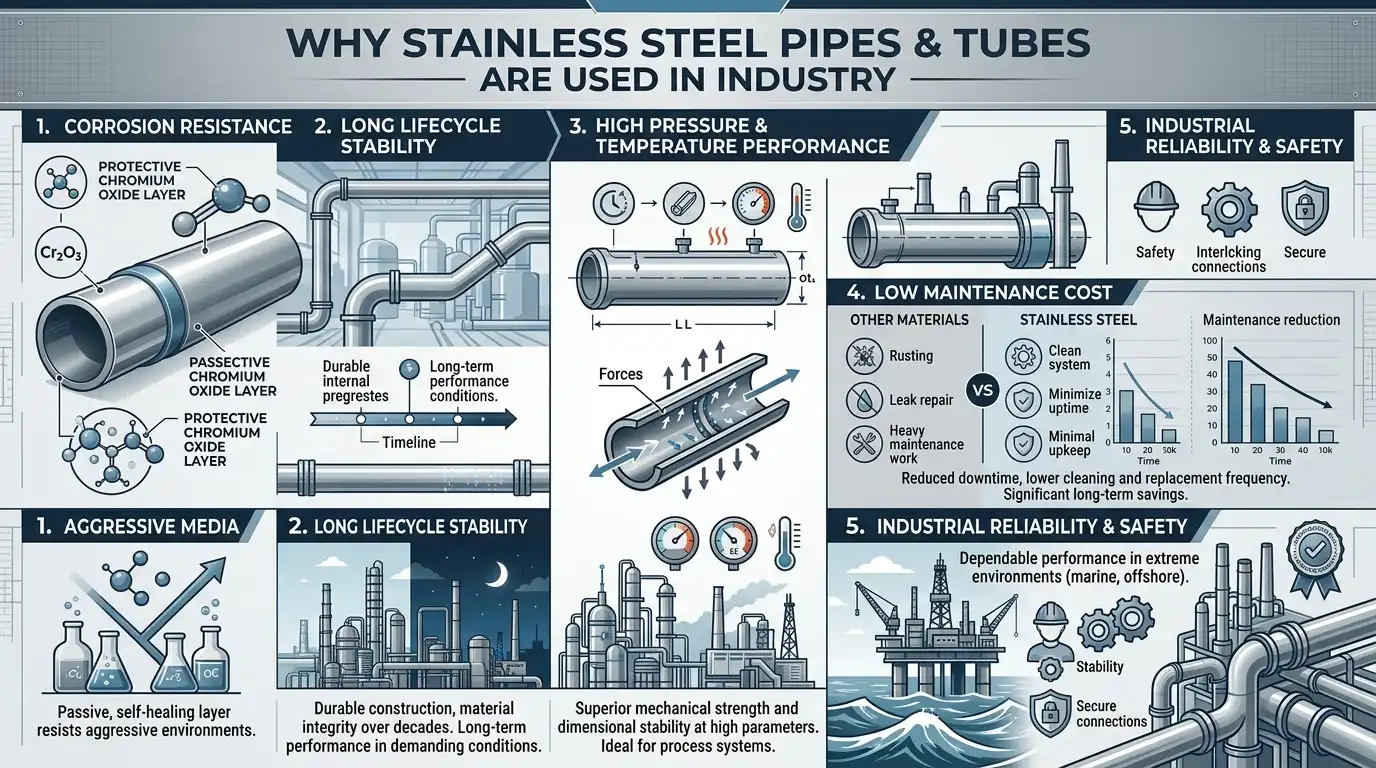 Infographic showing corrosion resistance lifecycle stability and industrial benefits of stainless steel pipes and tubes