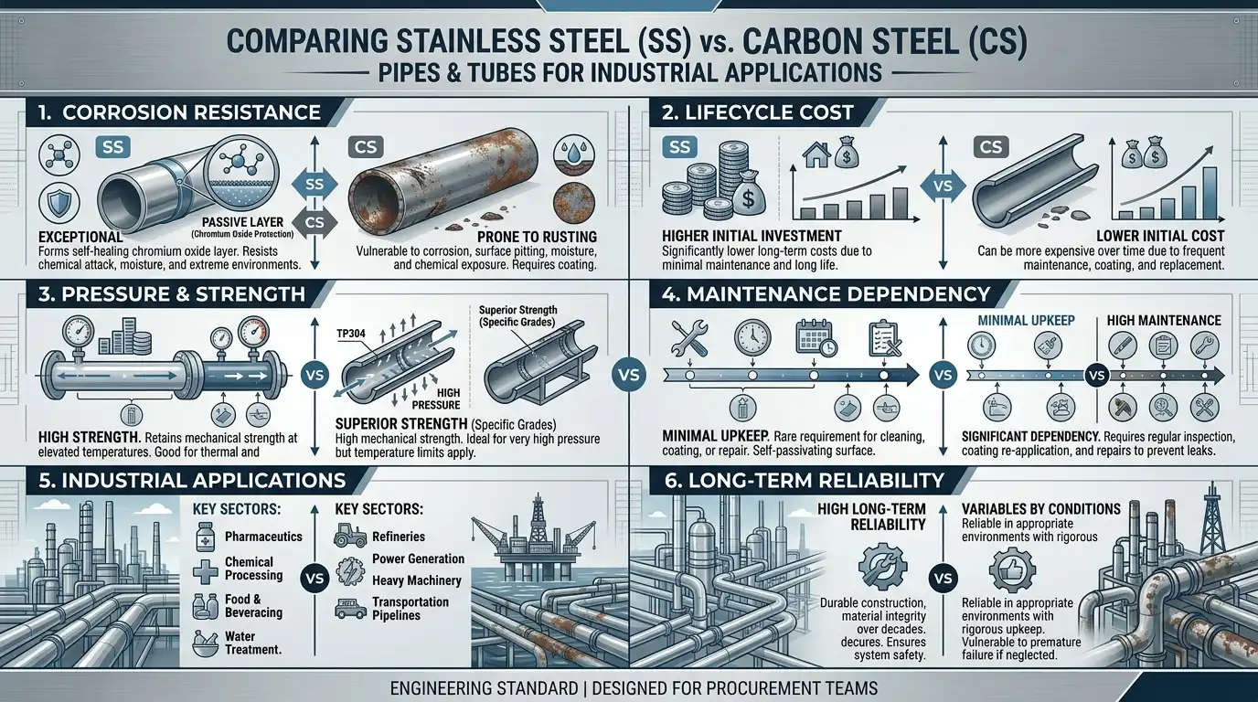 Industrial infographic comparing stainless steel and carbon steel pipes in corrosion resistance strength and lifecycle cost