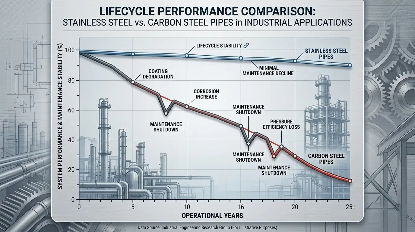 Lifecycle performance graph comparing stainless steel pipes and carbon steel pipes in industrial systems