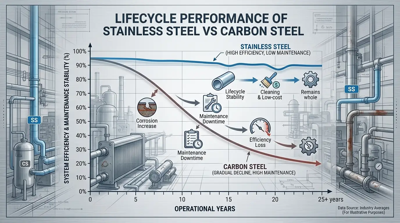 Lifecycle performance graph comparing stainless steel pipes and carbon steel pipes in industrial systems